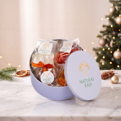 Confezione regalo tonda in latta con mix di frutta secca e disidratata – Natale Natural Raja